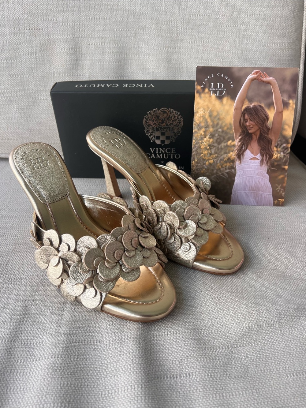 Vince Camuto Gold Floral Appliqué Heeled Slides